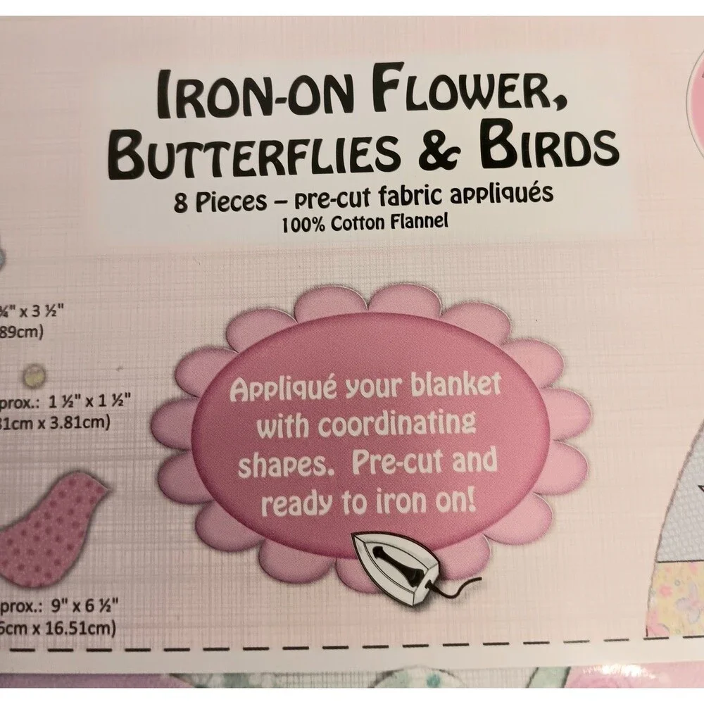 Land of Whimzie Baby Blanket Kit Fabric & Iron On Flower Butterflies Birds - New